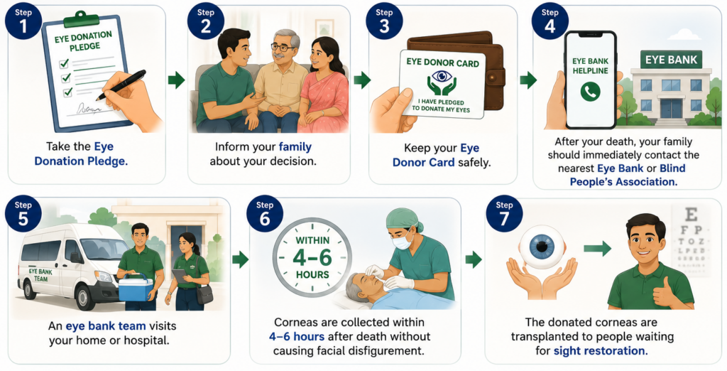 Eye Donation Process Step 1 Take the Eye Donation Pledge. Step 2 Inform your family about your decision. Step 3 Keep your Eye Donor Card safely. Step 4 After your death, your family should immediately contact the nearest Eye Bank or Blind People's Association. Step 5 An eye bank team visits your home or hospital. Step 6 Corneas are collected within 4–6 hours after death without causing facial disfigurement. Step 7 The donated corneas are transplanted to people waiting for sight restoration.